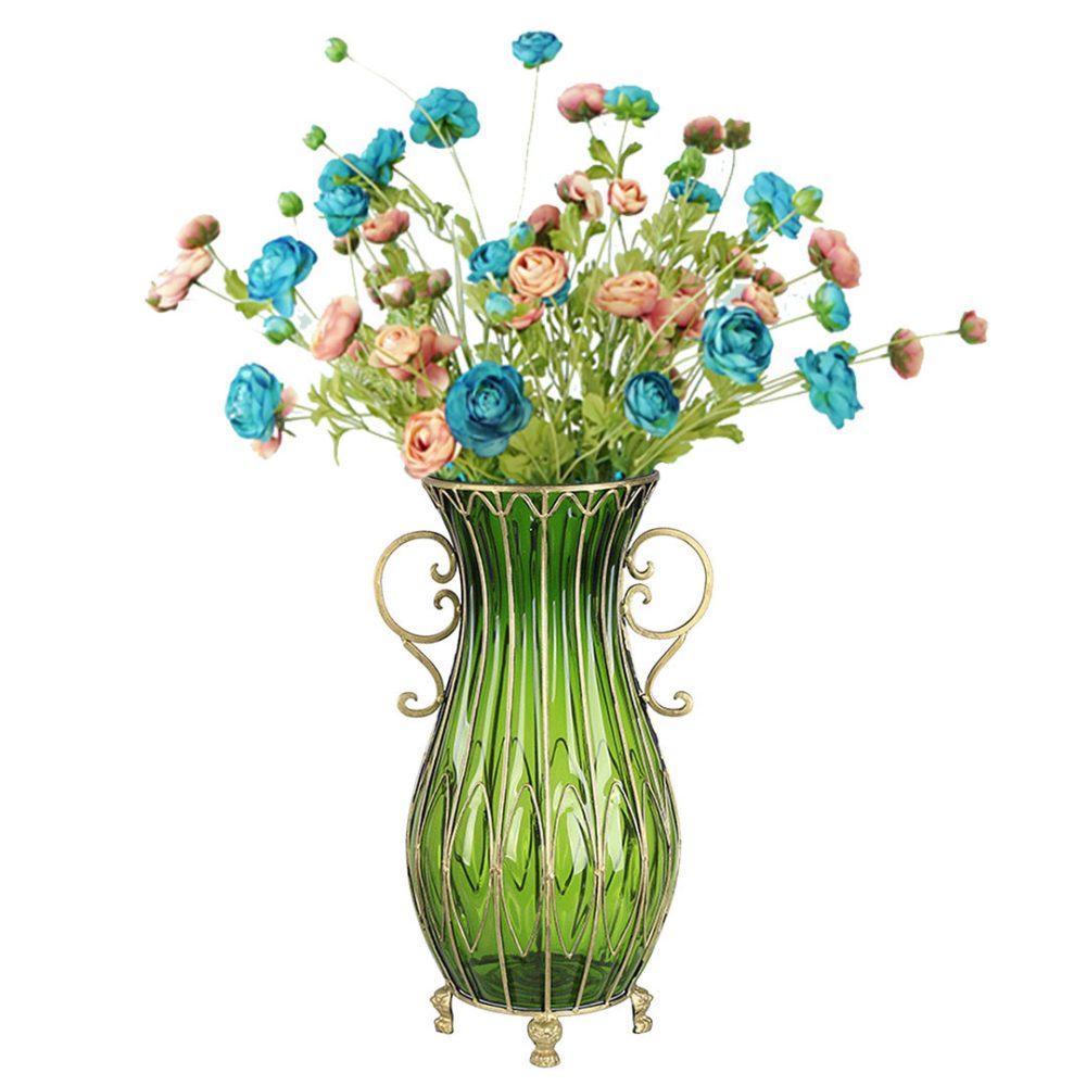 1-SOGA 51cm Green Glass Tall Floor Vase with 12pcs Artificial Fake Flower Set