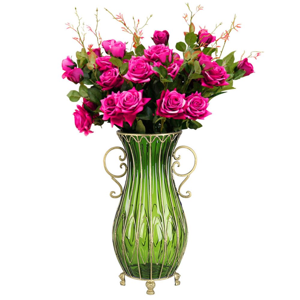 1-SOGA 51cm Green Glass Tall Floor Vase with 12pcs Artificial Fake Flower Set
