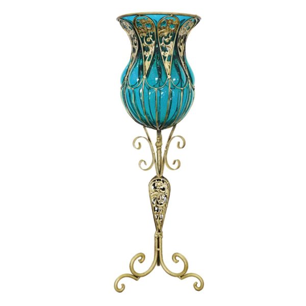 1-SOGA 85cm Blue Glass Floor Vase with Tall Metal Flower Stand