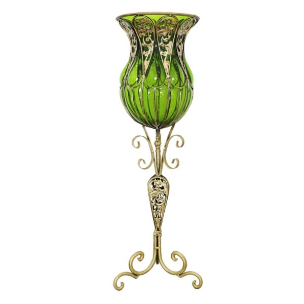 1-SOGA 85cm Green Glass Floor Vase with Tall Metal Flower Stand