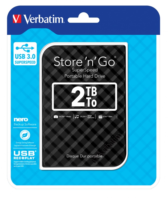 Verbatim 2TB 2.5' USB 3.0 Black Store'n'Go HDD Grid Design Hard Drives - External