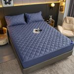 4-SOGA 2X Blue 183cm Wide Cross-Hatch Mattress Cover Thick Quilted Stretchable Bed Spread Sheet Protector with Pillow Covers