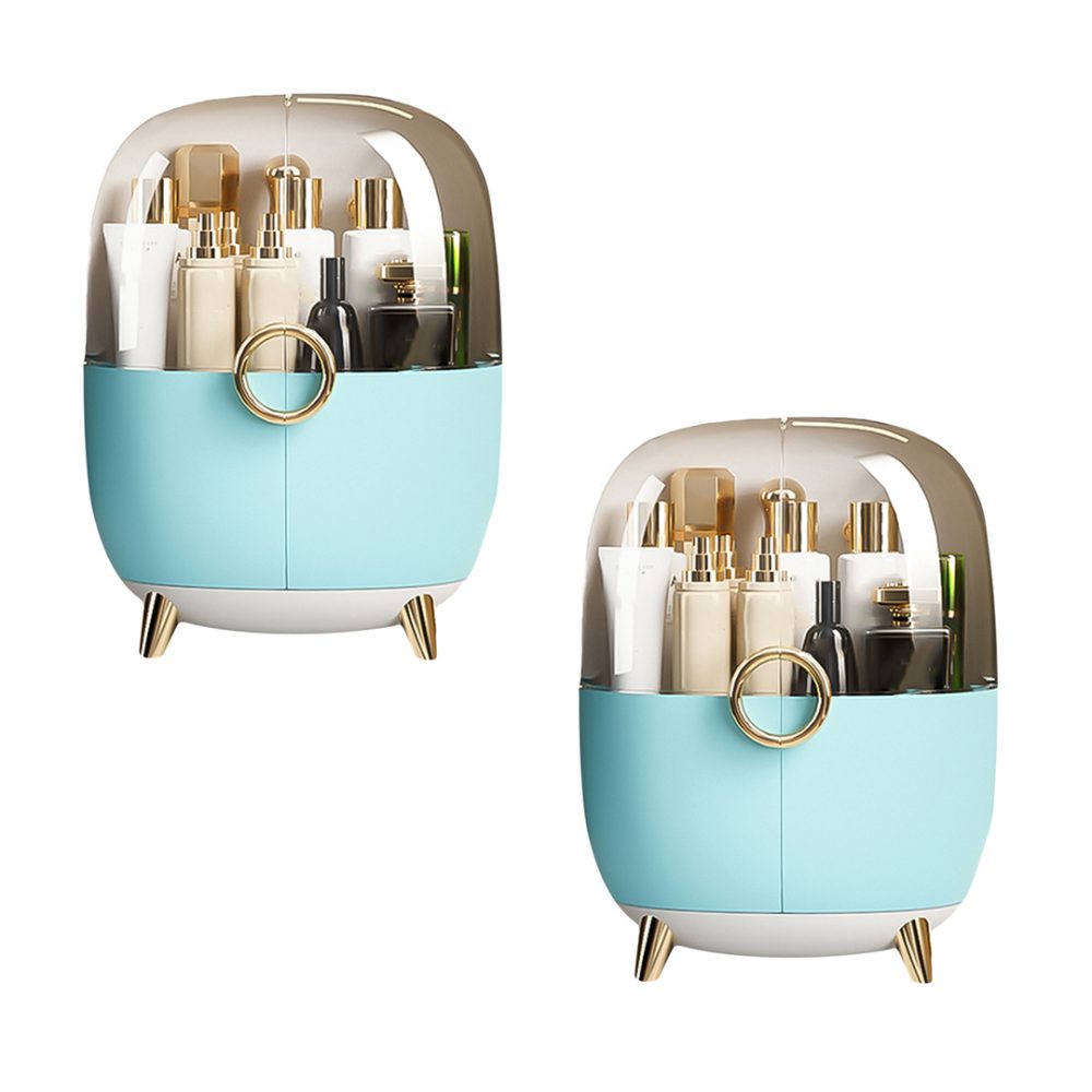 1-SOGA 2X Blue Transparent Countertop Makeup Organiser Cosmetic Storage Waterproof Dustproof Bathroom Skincare Holder with Lid