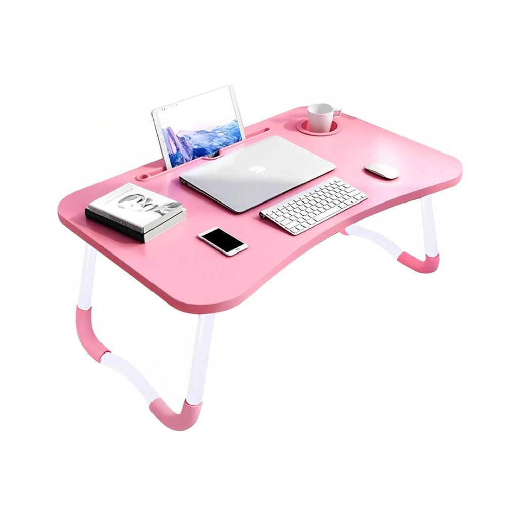 1-SOGA Pink Portable Bed Table Adjustable Folding Mini Desk Notebook Stand Card Slot Holder with Cup-Holder Home Decor