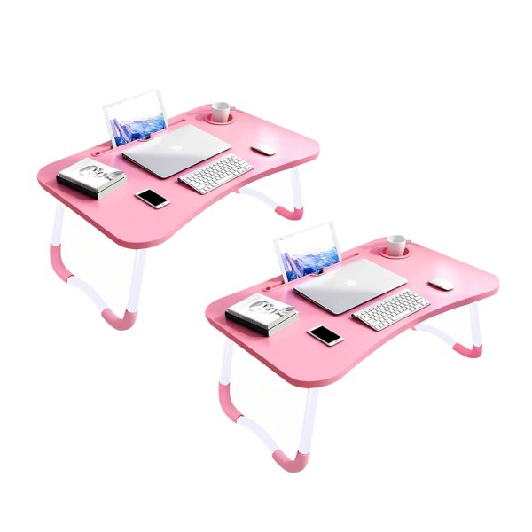 1-SOGA 2X Pink Portable Bed Table Adjustable Folding Mini Desk Notebook Stand Card Slot Holder with Cup-Holder Home Decor