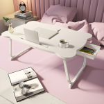 2-SOGA White Portable Bed Table Adjustable Folding Mini Desk With Mini Drawer and Cup-Holder Home Decor