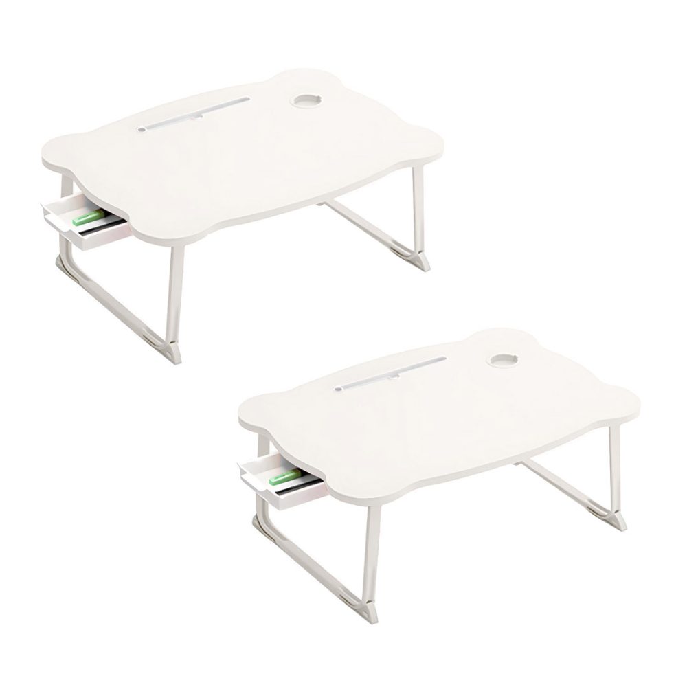 1-SOGA 2X White Portable Bed Table Adjustable Folding Mini Desk With Mini Drawer and Cup-Holder Home Decor