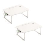 1-SOGA 2X White Portable Bed Table Adjustable Folding Mini Desk With Mini Drawer and Cup-Holder Home Decor