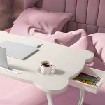 5-SOGA 2X White Portable Bed Table Adjustable Folding Mini Desk With Mini Drawer and Cup-Holder Home Decor