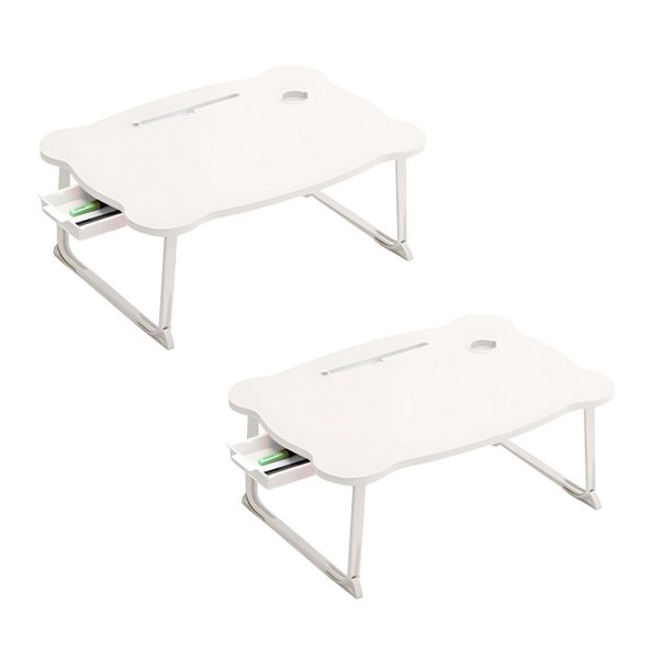 1-SOGA 2X White Portable Bed Table Adjustable Folding Mini Desk With Mini Drawer and Cup-Holder Home Decor