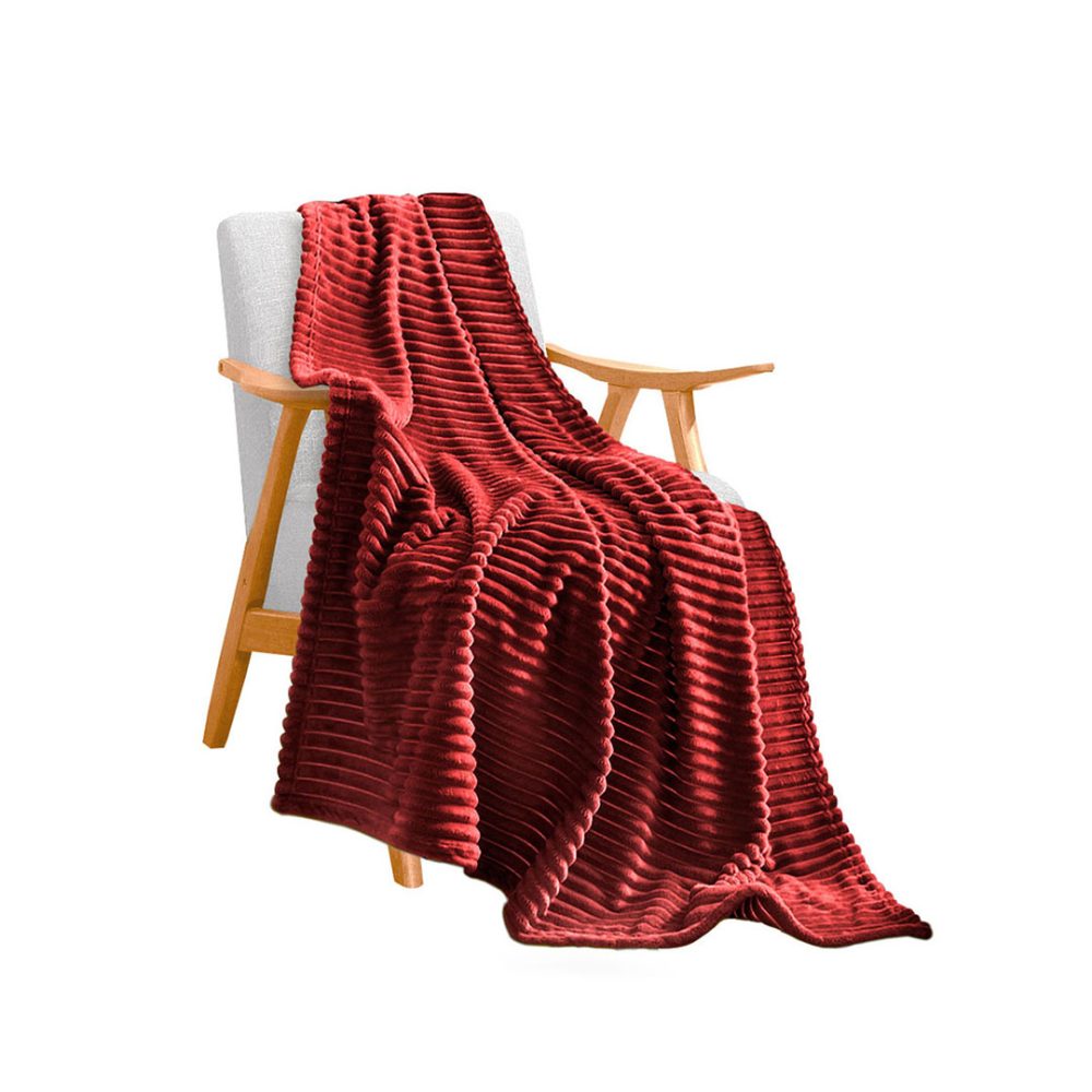 1-SOGA Burgundy Throw Blanket Warm Cozy Striped Pattern Thin Flannel Coverlet Fleece Bed Sofa Comforter