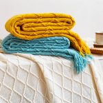 4-SOGA Yellow Diamond Pattern Knitted Throw Blanket Warm Cozy Woven Cover Couch Bed Sofa Home Decor with Tassels