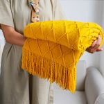 5-SOGA Yellow Diamond Pattern Knitted Throw Blanket Warm Cozy Woven Cover Couch Bed Sofa Home Decor with Tassels