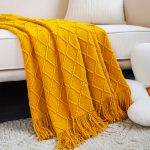 6-SOGA Yellow Diamond Pattern Knitted Throw Blanket Warm Cozy Woven Cover Couch Bed Sofa Home Decor with Tassels