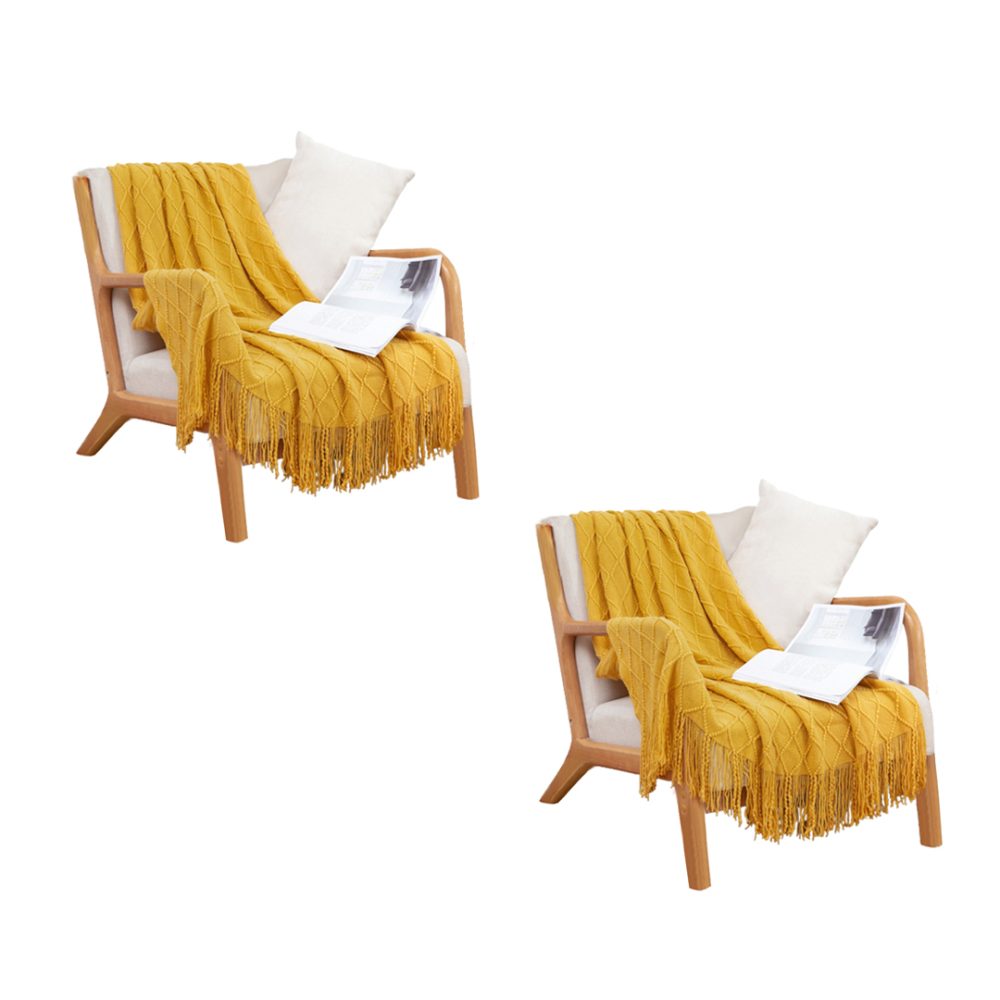 1-SOGA 2X Yellow Diamond Pattern Knitted Throw Blanket Warm Cozy Woven Cover Couch Bed Sofa Home Decor with Tassels