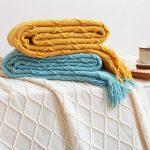 4-SOGA 2X Yellow Diamond Pattern Knitted Throw Blanket Warm Cozy Woven Cover Couch Bed Sofa Home Decor with Tassels