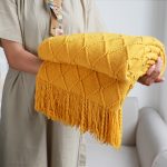 5-SOGA 2X Yellow Diamond Pattern Knitted Throw Blanket Warm Cozy Woven Cover Couch Bed Sofa Home Decor with Tassels