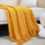 6-SOGA 2X Yellow Diamond Pattern Knitted Throw Blanket Warm Cozy Woven Cover Couch Bed Sofa Home Decor with Tassels