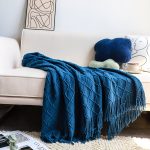 7-SOGA 2X Royal Blue Diamond Pattern Knitted Throw Blanket Warm Cozy Woven Cover Couch Bed Sofa Home Decor with Tassels