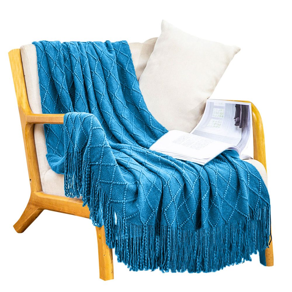 1-SOGA Blue Diamond Pattern Knitted Throw Blanket Warm Cozy Woven Cover Couch Bed Sofa Home Decor with Tassels