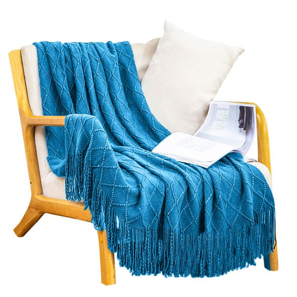 1-SOGA Blue Diamond Pattern Knitted Throw Blanket Warm Cozy Woven Cover Couch Bed Sofa Home Decor with Tassels