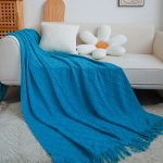8-SOGA Blue Diamond Pattern Knitted Throw Blanket Warm Cozy Woven Cover Couch Bed Sofa Home Decor with Tassels