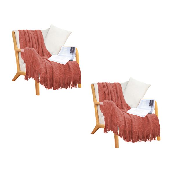 1-SOGA 2X Red Diamond Pattern Knitted Throw Blanket Warm Cozy Woven Cover Couch Bed Sofa Home Decor with Tassels