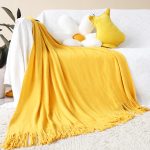 3-SOGA 2X Yellow Acrylic Knitted Throw Blanket Solid Fringed Warm Cozy Woven Cover Couch Bed Sofa Home Decor