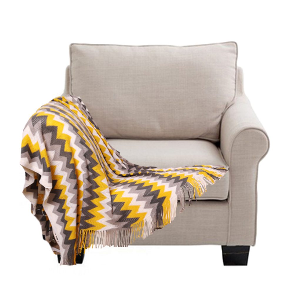 1-SOGA 170cm Yellow Zigzag Striped Throw Blanket Acrylic Wave Knitted Fringed Woven Cover Couch Bed Sofa Home Decor