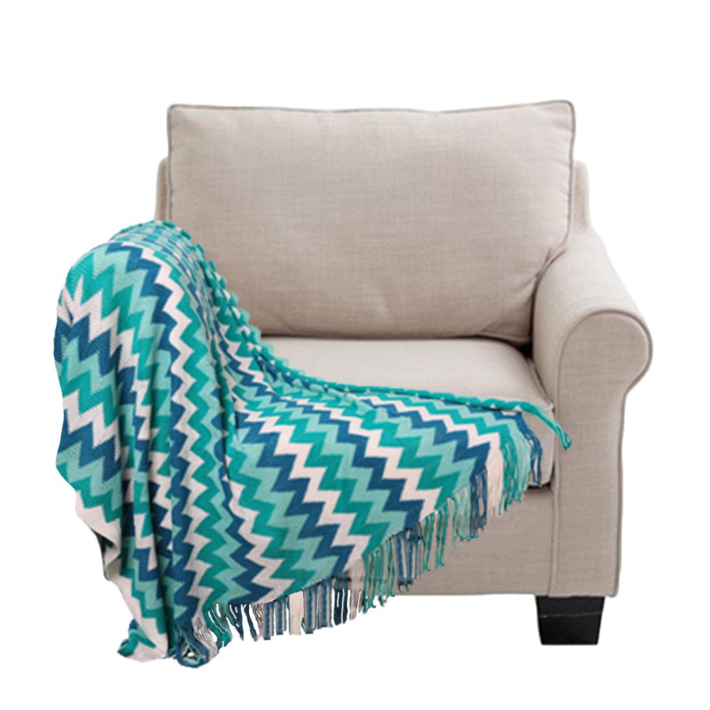 1-SOGA 170cm Blue Zigzag Striped Throw Blanket Acrylic Wave Knitted Fringed Woven Cover Couch Bed Sofa Home Decor