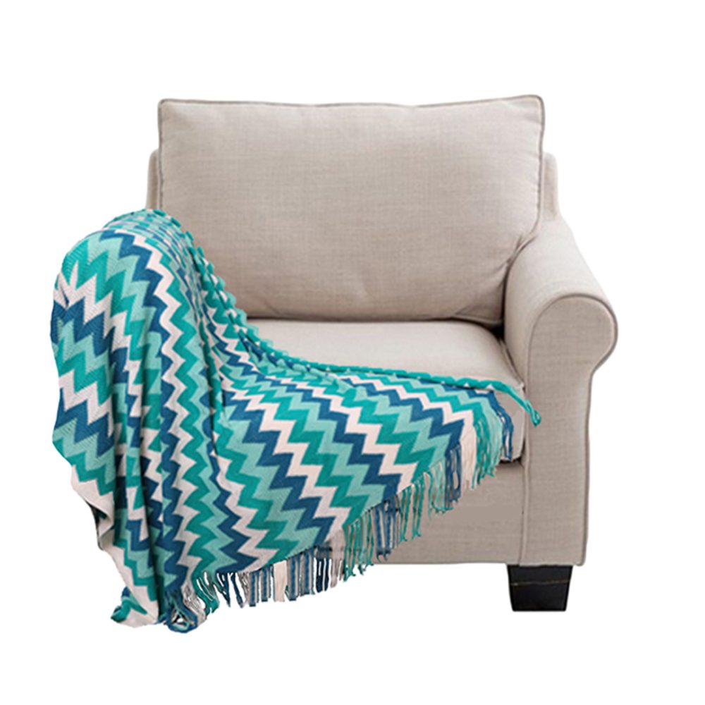 1-SOGA 220cm Blue Zigzag Striped Throw Blanket Acrylic Wave Knitted Fringed Woven Cover Couch Bed Sofa Home Decor