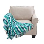 1-SOGA 220cm Blue Zigzag Striped Throw Blanket Acrylic Wave Knitted Fringed Woven Cover Couch Bed Sofa Home Decor
