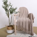 4-SOGA Coffee Diamond Pattern Knitted Throw Blanket Warm Cozy Woven Cover Couch Bed Sofa Home Decor with Tassels