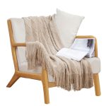 1-SOGA Beige Diamond Pattern Knitted Throw Blanket Warm Cozy Woven Cover Couch Bed Sofa Home Decor with Tassels