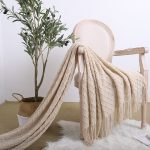 3-SOGA Beige Diamond Pattern Knitted Throw Blanket Warm Cozy Woven Cover Couch Bed Sofa Home Decor with Tassels
