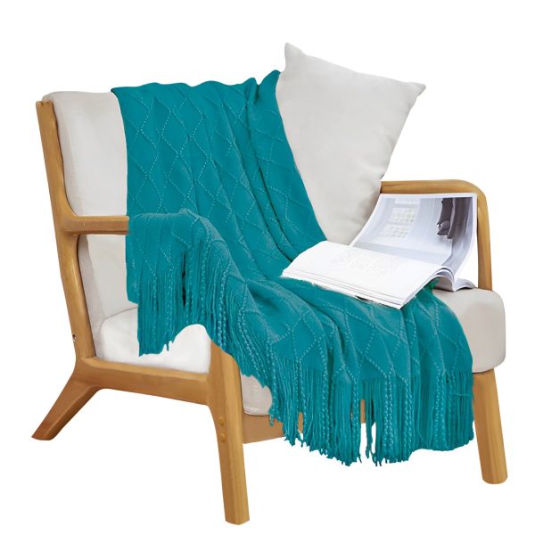 1-SOGA Teal Diamond Pattern Knitted Throw Blanket Warm Cozy Woven Cover Couch Bed Sofa Home Decor with Tassels