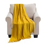 1-SOGA Mustard Textured Knitted Throw Blanket Warm Cozy Woven Cover Couch Bed Sofa Home Decor with Tassels