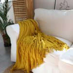6-SOGA Mustard Textured Knitted Throw Blanket Warm Cozy Woven Cover Couch Bed Sofa Home Decor with Tassels