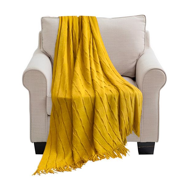 1-SOGA Mustard Textured Knitted Throw Blanket Warm Cozy Woven Cover Couch Bed Sofa Home Decor with Tassels