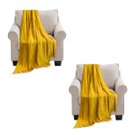 1-SOGA 2X Mustard Textured Knitted Throw Blanket Warm Cozy Woven Cover Couch Bed Sofa Home Decor with Tassels