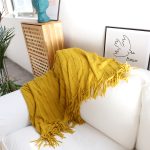 8-SOGA 2X Mustard Textured Knitted Throw Blanket Warm Cozy Woven Cover Couch Bed Sofa Home Decor with Tassels