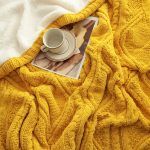 6-SOGA 200X230cm Throw Blanket Yellow and White Chenille Fleece Knitted Fabric on One Side Soft Suede