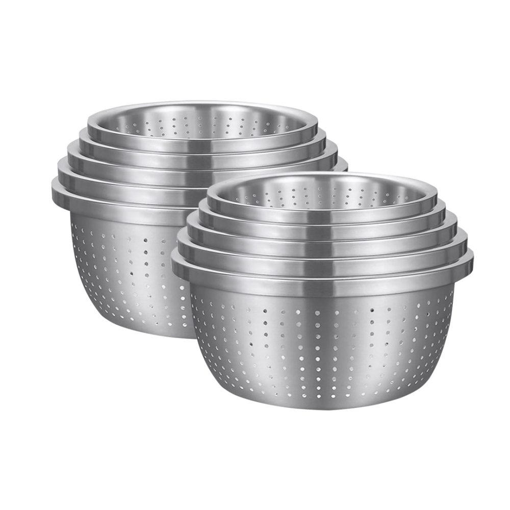 1-SOGA 2X Stainless Steel Nesting Basin Colander Perforated Kitchen Sink Washing Bowl Metal Basket Strainer Set of 5
