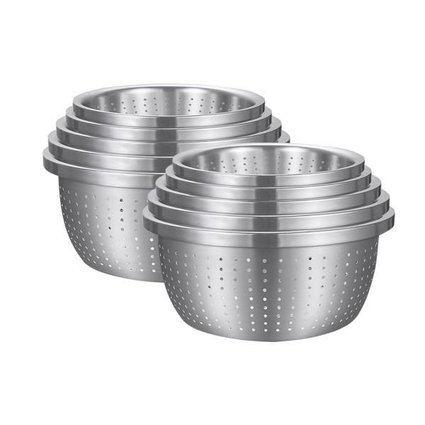 1-SOGA 2X Stainless Steel Nesting Basin Colander Perforated Kitchen Sink Washing Bowl Metal Basket Strainer Set of 5