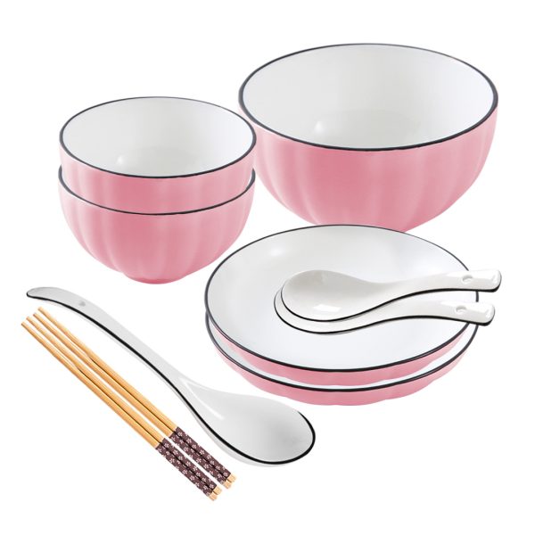 1-SOGA Pink Japanese Style Ceramic Dinnerware Crockery Soup Bowl Plate Server Kitchen Home Decor Set of 5