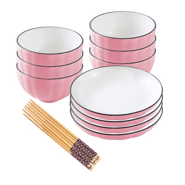 1-SOGA Pink Japanese Style Ceramic Dinnerware Crockery Soup Bowl Plate Server Kitchen Home Decor Set of 10