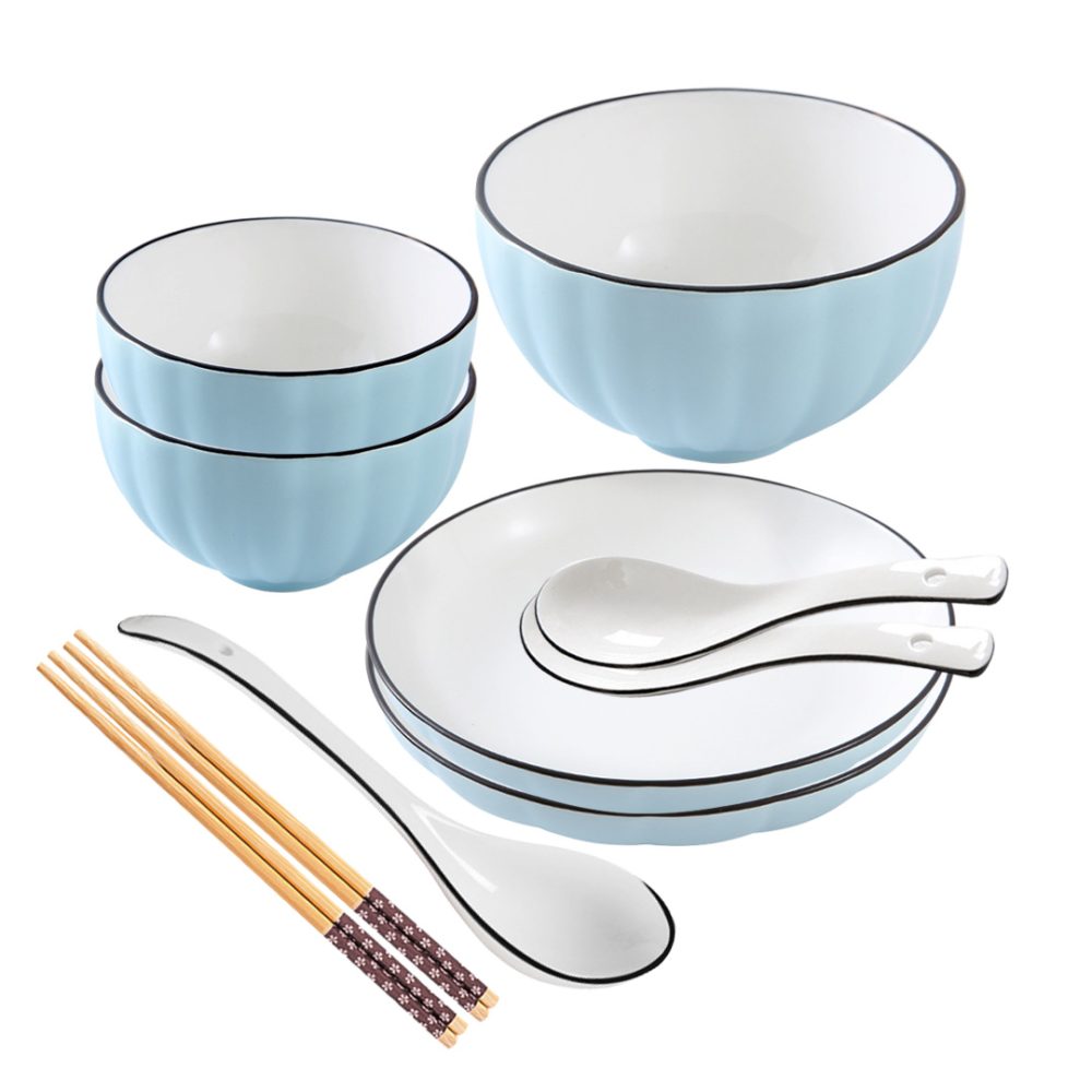 1-SOGA Blue Japanese Style Ceramic Dinnerware Crockery Soup Bowl Plate Server Kitchen Home Decor Set of 7