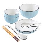 1-SOGA Blue Japanese Style Ceramic Dinnerware Crockery Soup Bowl Plate Server Kitchen Home Decor Set of 7