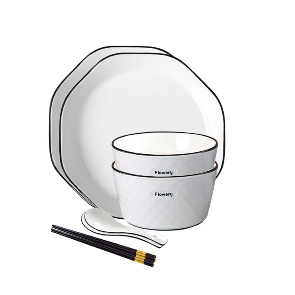 1-SOGA Diamond Pattern Ceramic Dinnerware Set Crockery Soup Bowl Plate Server Kitchen Home Decor Set of 4