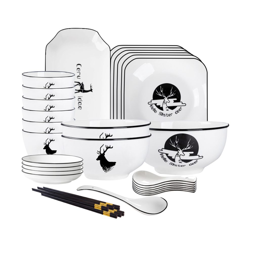 1-SOGA White Antler Printed Ceramic Dinnerware Set Crockery Soup Bowl Plate Server Kitchen Home Decor Set of 20